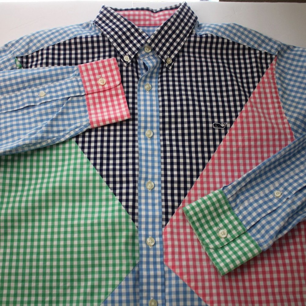 Vinetard Vines Patchwork Mens LS Large Slim Whale Shirt